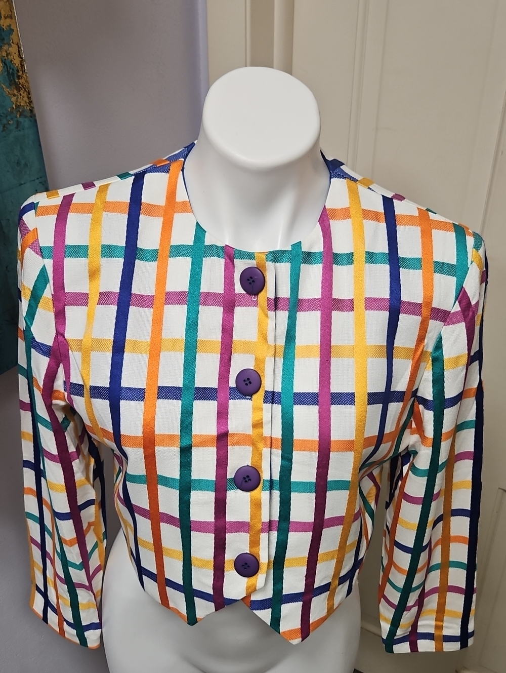Vintage 80s Shoulder Pads ! Colorful Plaid Cropped 1980 Blazer